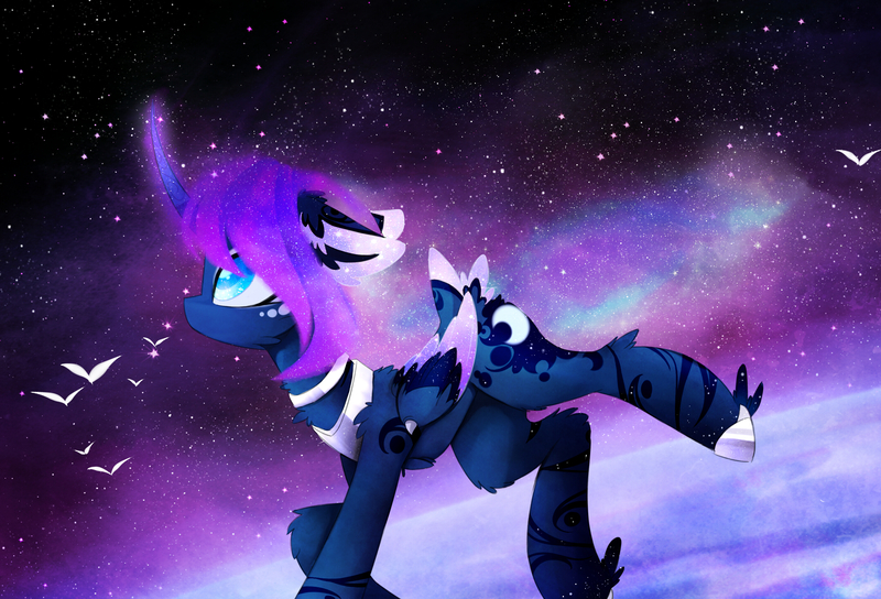 Size: 2780x1890 | Tagged: safe, artist:magnaluna, derpibooru import, princess luna, alternate hairstyle, alternate universe, body markings, curved horn, galaxy mane, solo