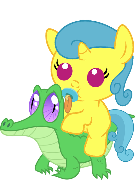 Size: 786x1017 | Tagged: safe, artist:red4567, derpibooru import, gummy, lemon hearts, pony, baby, baby pony, cute, lemonbetes, pacifier, ponies riding gators, riding, weapons-grade cute