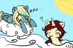 Size: 900x600 | Tagged: safe, artist:otakukasumikato1945, derpibooru import, oc, oc:zweiten falzar, unofficial characters only, pegasus, pony, unicorn, cloud, sleeping, zzz