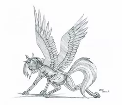 Size: 1400x1207 | Tagged: safe, artist:baron engel, derpibooru import, rainbow dash, pegasus, pony, clothes, female, large wings, mare, monochrome, pencil drawing, signature, simple background, sketch, solo, spread wings, stretching, traditional art, uniform, white background, wings, wonderbolts uniform