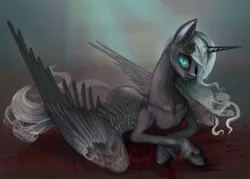 Size: 1280x914 | Tagged: safe, artist:vitaj, derpibooru import, oc, oc:malice, unofficial characters only, alicorn, pony, alicorn oc, female, mare, prone, solo, spread wings, unshorn fetlocks