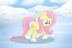 Size: 3000x2000 | Tagged: safe, artist:vcm1824, derpibooru import, fluttershy, pegasus, pony, cute, folded wings, ice, looking down, nervous, shaking, shyabetes, skates, skating, snow, solo