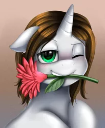 Size: 1446x1764 | Tagged: safe, artist:pridark, derpibooru import, oc, oc:light landstrider, unofficial characters only, pony, unicorn, blushing, bust, flower, flower in mouth, male, mouth hold, one eye closed, portrait, smiling, solo, stallion, wink