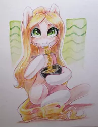 Size: 837x1080 | Tagged: safe, artist:aphphphphp, derpibooru import, oc, unofficial characters only, earth pony, pony, chopsticks, eating, food, noodles, ramen, sitting, solo, traditional art, watercolor painting