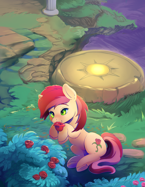 Size: 1700x2200 | Tagged: artist:viwrastupr, cute, derpibooru import, flower, pillar, rose, roseluck, safe, smiling, sniffing, solo, underhoof, unshorn fetlocks