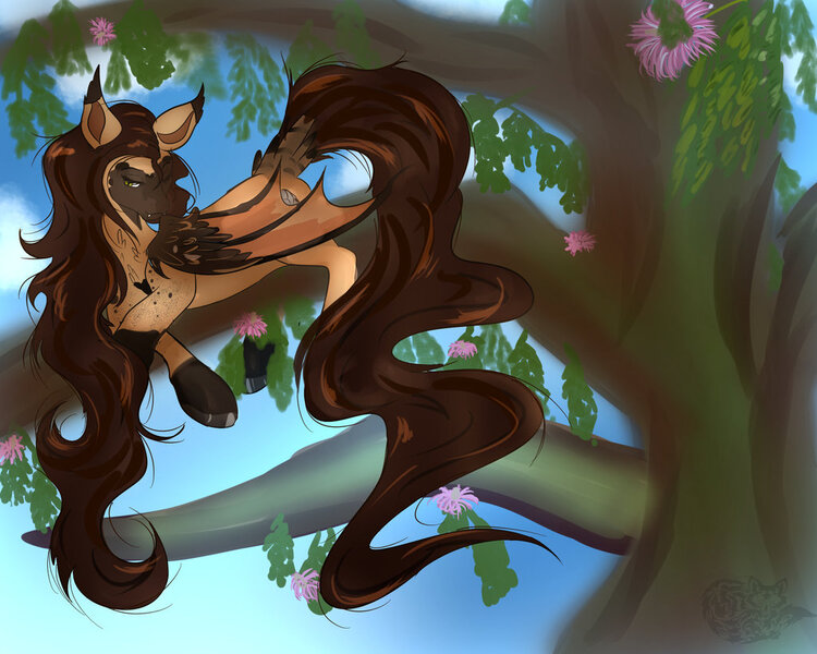 Size: 1024x819 | Tagged: safe, artist:silverkitsune84, derpibooru import, oc, oc:rasta jam, unofficial characters only, bat pony, hybrid, pony, art trade, fangs, female, mare, one eye closed, prone, solo, tree, tree branch, waking up