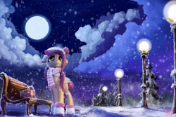 Size: 3000x2000 | Tagged: safe, artist:nemo2d, derpibooru import, fluttershy, pegasus, pony, beanie, bench, boots, box, clothes, cloud, cloudy, folded wings, full moon, hat, lamppost, looking away, looking up, moon, night, pine tree, present, scarf, scenery, snow, snowfall, solo, standing, starry night, stars, street, streetlight, tree, winter, winter outfit