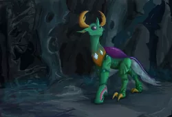 Size: 1702x1156 | Tagged: alternate design, artist:testostepone, cave, changedling, changeling, changeling hive, changeling king, derpibooru import, king thorax, looking at something, painting, realistic anatomy, safe, solo, thorax, to where and back again