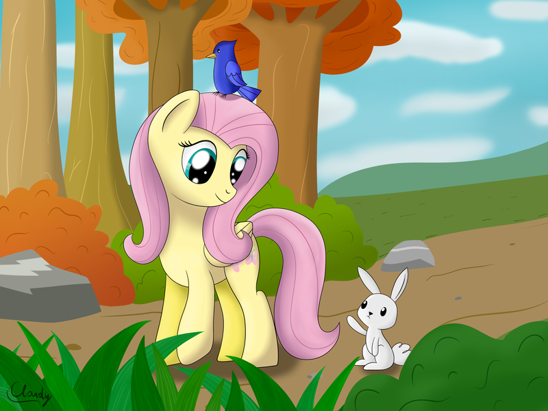 Size: 2800x2100 | Tagged: safe, artist:cloudy95, derpibooru import, angel bunny, fluttershy, bird, pegasus, pony, duo, folded wings, head turn, high res, looking at each other, looking down, raised hoof, tree, walking