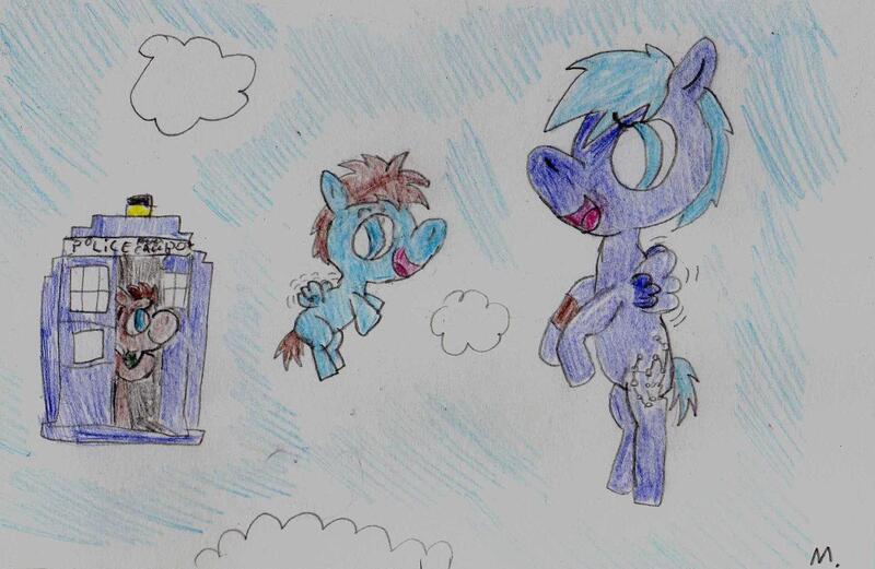 Size: 2167x1411 | Tagged: safe, artist:ptitemouette, derpibooru import, doctor whooves, star hunter, time turner, oc, oc:time vortex, pony, baby, baby pony, cloud, doctor who, gay, male, shipping, tardis, traditional art