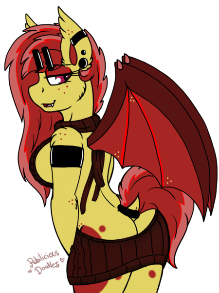 Size: 960x1280 | Tagged: suggestive, artist:emz2015, derpibooru import, oc, oc:ruby splash, unofficial characters only, anthro, bat pony, anthro oc, ass, backless, bedroom eyes, buttcrack, clothes, dock, female, open-back sweater, partial nudity, piercing, rear view, sleeveless sweater, smiling, solo, solo female, sweater, tail wrap, virgin killer sweater