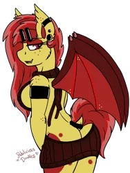 Size: 960x1280 | Tagged: suggestive, artist:emz2015, derpibooru import, oc, oc:ruby splash, unofficial characters only, anthro, bat pony, anthro oc, ass, backless, bedroom eyes, buttcrack, clothes, dock, female, open-back sweater, partial nudity, piercing, rear view, sleeveless sweater, smiling, solo, solo female, sweater, tail wrap, virgin killer sweater