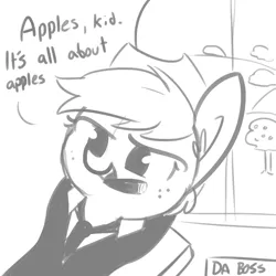 Size: 1080x1080 | Tagged: safe, artist:tjpones, derpibooru import, applejack, earth pony, pony, apple tree, appleboss, boss, chair, chubby, cigar, clothes, cowboy hat, dialogue, ear fluff, freckles, grayscale, hat, hooves behind head, monochrome, necktie, short hair, simple background, sitting, smoking, solo, suit, tree, white background, window