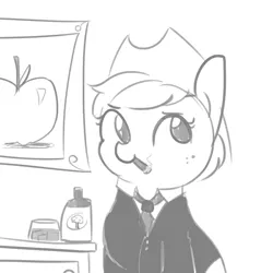 Size: 1080x1080 | Tagged: safe, artist:tjpones, derpibooru import, applejack, earth pony, pony, appleboss, boss, bottle, chubby, cider, cigar, clothes, freckles, glass, grayscale, hat, ice cube, monochrome, necktie, painting, short hair, simple background, smoking, solo, suit, white background