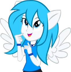 Size: 1024x1037 | Tagged: safe, artist:wubcakeva, derpibooru import, oc, oc:angel love, unofficial characters only, equestria girls, clothes, equestria girls-ified, looking at something, open mouth, ponied up, simple background, smiling, solo, transparent background