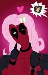 Size: 3000x4667 | Tagged: absurd resolution, artist:edcom02, bust, clothes, comedy, cosplay, costume, crossover, deadpool, derpibooru import, exclamation point, floating heart, fluttershy, funny, heart, human, marvel, mercenary, one eye closed, portrait, safe, selfie, surprised, wig, wild card, wink, wolverine
