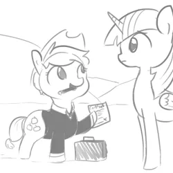 Size: 1080x1080 | Tagged: safe, artist:tjpones, derpibooru import, applejack, twilight sparkle, twilight sparkle (alicorn), alicorn, earth pony, pony, appleboss, boss, briefcase, chubby, cigar, clothes, contract, grayscale, hat, hoof hold, monochrome, necktie, short hair, simple background, suit, white background