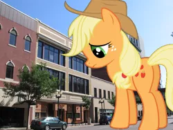 Size: 1600x1200 | Tagged: safe, artist:logan859, artist:tryhardbrony, derpibooru import, applejack, earth pony, pony, cedar rapids, giant pony, highrise ponies, iowa, irl, macro, photo, plot, ponies in real life