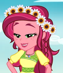 Size: 932x1080 | Tagged: safe, derpibooru import, gloriosa daisy, equestria girls, legend of everfree, clothes, female, freckles, lip bite, magical geodes, solo