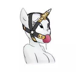 Size: 633x600 | Tagged: alternate hairstyle, anthro, artist:carnifex, artist:princemars, ballgag, bdsm, breasts, bridle, derpibooru import, drool, edit, female, gag, harness balgag, harness gag, harness gag-horn ring, horn cap, horn ring, magic suppression, nudity, rarity, shaved, shaved head, shaved mane, simple background, slave, solo, solo female, suggestive, tack, white background