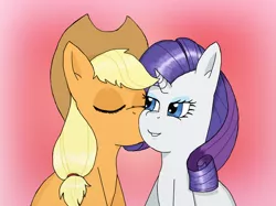 Size: 1100x822 | Tagged: safe, artist:eulicious, derpibooru import, applejack, rarity, eyes closed, female, kiss on the cheek, kissing, lesbian, rarijack, shipping, simple background