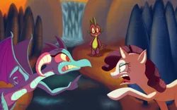 Size: 1224x765 | Tagged: safe, artist:megadrivesonic, derpibooru import, princess ember, rarity, spike, dragon, pony, unicorn, gauntlet of fire, angry, argument, catfight, emberspike, jealous, looking at each other, male, open mouth, pointing, sharp teeth, shipping, shipping war, shrunken pupils, sparity, spike gets all the mares, spread wings, straight, teeth