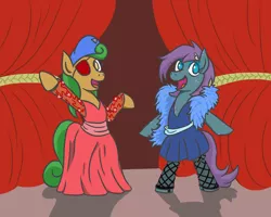 Size: 1280x1024 | Tagged: safe, artist:jargon scott, derpibooru import, oc, oc:baroness, oc:grittyguts, unofficial characters only, earth pony, pony, bipedal, clothes, dress, fishnets, open mouth, smiling