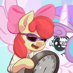 Size: 750x750 | Tagged: safe, artist:zapplebow, derpibooru import, edit, apple bloom, princess flurry heart, earth pony, pony, bipedal, clock, clothes, ear fluff, exploitable meme, female, filly, filthy frank, hoof hold, it's time to stop, meme, open mouth, parody, reaction image, simple background, solo, sunglasses, transparent background