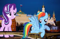 Size: 3760x2460 | Tagged: safe, artist:logan859, artist:luckreza8, artist:xpesifeindx, derpibooru import, rainbow dash, starlight glimmer, pegasus, pony, unicorn, giant pony, giant rainbow dash, giant starlight glimmer, highrise ponies, irl, macro, mega/giant rainbow dash, moscow, photo, ponies in real life, russia