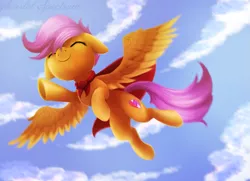 Size: 1381x1000 | Tagged: artist:scarlet-spectrum, cape, clothes, cloud, cute, cutealoo, cutie mark, dead source, derpibooru import, floppy ears, flying, safe, scootaloo, scootaloo can fly, sky, smiling, solo, the cmc's cutie marks