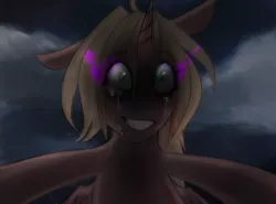 Size: 2000x1482 | Tagged: artist needed, semi-grimdark, derpibooru import, oc, oc:peach bloom, unofficial characters only, alicorn, pony, alicorn oc, creepy, creepy smile, crying, dark magic, female, filly, looking at you, magic, psycho, smiling, solo, sombra eyes