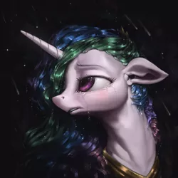 Size: 1080x1080 | Tagged: safe, artist:assasinmonkey, derpibooru import, princess celestia, alicorn, pony, crown, crying, female, floppy ears, grief, jewelry, mare, multicolored mane, night, peytral, pretty, purple eyes, regalia, royalty, sad, shooting star, solo, stars, tears of pain, tiara, uncanny valley