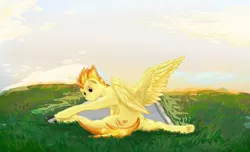 Size: 1707x1041 | Tagged: artist:testostepone, colored sketch, derpibooru import, flexible, safe, solo, spitfire, splits, stretchfire, stretching