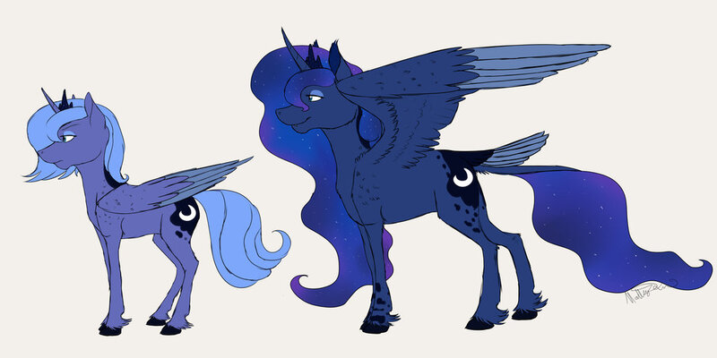 Size: 1024x512 | Tagged: artist:mattsykun, derpibooru import, duality, filly, gray background, princess luna, s1 luna, safe, simple background, tail feathers, unshorn fetlocks, woona, younger