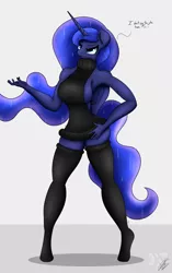 Size: 2113x3375 | Tagged: anthro, artist:nexcoyotlgt, backless, big breasts, breasts, busty princess luna, clothes, cute, derpibooru import, female, missing accessory, open-back sweater, princess luna, sideboob, simple background, sleeveless sweater, socks, solo, solo female, standing, stockings, stupid sexy princess luna, suggestive, sweater, thigh highs, unguligrade anthro, virgin killer sweater, white background