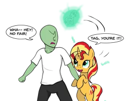 Size: 1301x1059 | Tagged: safe, artist:zharkaer, derpibooru import, sunset shimmer, oc, oc:anon, human, pony, unicorn, annoyed, bipedal, curved horn, dialogue, magic, playing, raised eyebrow, simple background, speech bubble, teleportation, transparent background