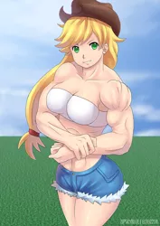 Size: 1414x2000 | Tagged: applejack, applejacked, artist:elee0228, artist:zipskyblue, breasts, busty applejack, clothes, derpibooru import, female, human, humanized, looking at you, midriff, muscles, shorts, solo, solo female, suggestive