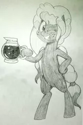 Size: 1571x2345 | Tagged: safe, artist:kutt172, derpibooru import, oc, oc:sweet mocha, unofficial characters only, pegasus, pony, bipedal, coffee, coffee pot, freckles, looking at you, one eye closed, sketch, smiling, solo, traditional art