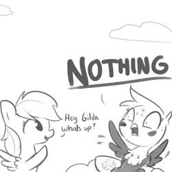 Size: 1080x1080 | Tagged: safe, artist:tjpones, derpibooru import, gilda, rainbow dash, gryphon, pegasus, pony, blushing, body pillow, caught, cloud, denial, dialogue, embarrassed, hiding, implied gildash, implied lesbian, raised hoof, simple background, white background