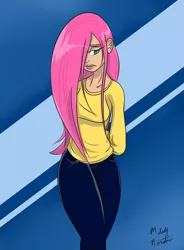 Size: 2580x3500 | Tagged: artist:l-pastellepink-l, clothes, derpibooru import, fluttershy, hair over one eye, hands behind back, human, humanized, looking away, looking down, pants, safe, shy, solo