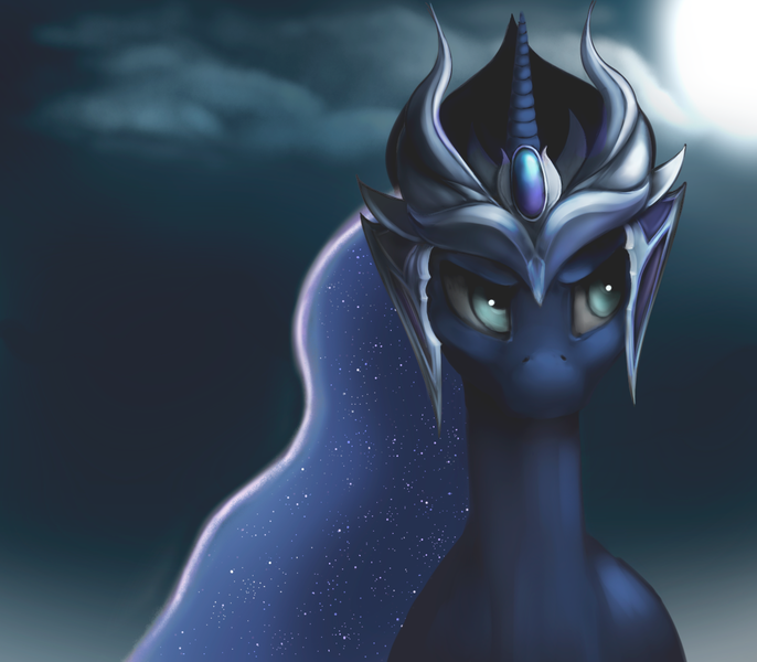 Size: 1234x1080 | Tagged: safe, artist:nonlife049, derpibooru import, princess luna, alicorn, pony, cloud, helmet, moon, night, solo