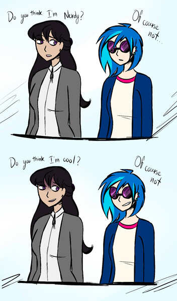 Size: 1045x1782 | Tagged: safe, artist:katedoof, derpibooru import, octavia melody, vinyl scratch, human, boy meets world, clothes, comic, duo, humanized, parody, sunglasses