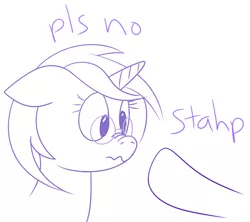 Size: 900x800 | Tagged: safe, artist:tyrannisumbra, derpibooru import, oc, unofficial characters only, pony, unicorn, boop, disembodied hoof, frown, glasses, hooves, imminent boop, monochrome, non-consensual booping, nose wrinkle, scrunchy face, sketch, solo focus, stahp, wavy mouth, wide eyes