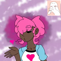 Size: 844x844 | Tagged: artist:moonaknight13, dark skin, derpibooru import, emoji challenge, eyes closed, heart, human, humanized, kissy face, pinkie pie, safe