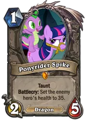 Size: 400x569 | Tagged: safe, derpibooru import, screencap, spike, twilight sparkle, dragon, pony, a dog and pony show, card, dragons riding ponies, hearthstone, meta, riding, warcraft