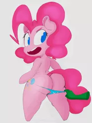 Size: 976x1313 | Tagged: annoyed, anthro, artist:cabrony, artist:purple-yoshi-draws, ass, balloonbutt, clothes, colored, color edit, derpibooru import, disembodied hand, dock, edit, open mouth, panties, panties pulled down, pinkie pie, plot, plump, solo, suggestive, the ass was fat, thunder thighs, underwear, unguligrade anthro, your face here panties