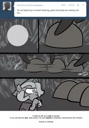 Size: 666x950 | Tagged: artist:egophiliac, cartographer's cap, derpibooru import, descriptive noise, filly, grayscale, hat, lunar stone, marauder's mantle, monochrome, moon roc, moonstuck, oc, oc:autumn (egophiliac), onomatopoeia, princess luna, safe, tumblr, tumblr comic, woona, younger