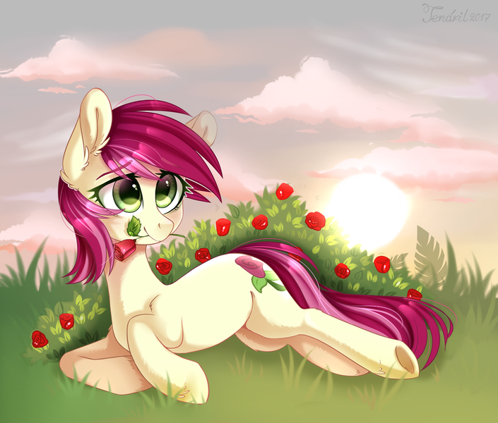 Size: 1024x872 | Tagged: artist:ten-dril, derpibooru import, flower, flower in mouth, mouth hold, prone, rose, roseluck, safe, solo, sunset