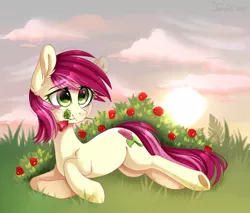 Size: 1024x872 | Tagged: artist:ten-dril, derpibooru import, flower, flower in mouth, mouth hold, prone, rose, roseluck, safe, solo, sunset
