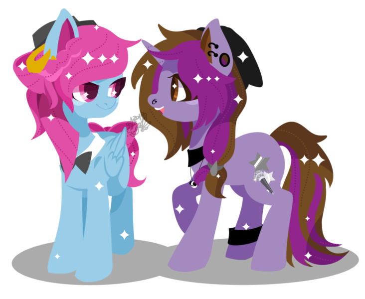 Size: 900x738 | Tagged: safe, artist:snow angel, derpibooru import, oc, oc:noty serdtsa, oc:symphony diamond, unofficial characters only, pegasus, pony, unicorn, bowtie, ear piercing, earring, female, hat, jewelry, mare, piercing, simple background, sparkles, transparent background